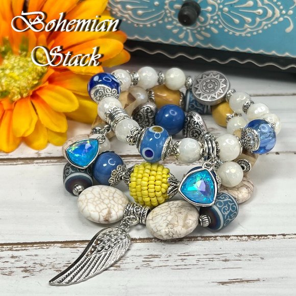 Bohemian Bracelet Stack Gemstone Crystal Handmade Blown Glass Bead Howlite New! - Picture 11 of 11